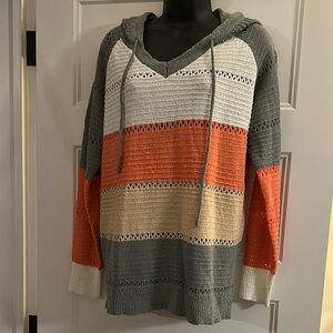 Striped Hooded Sweater - Gray, Orange, Cream
